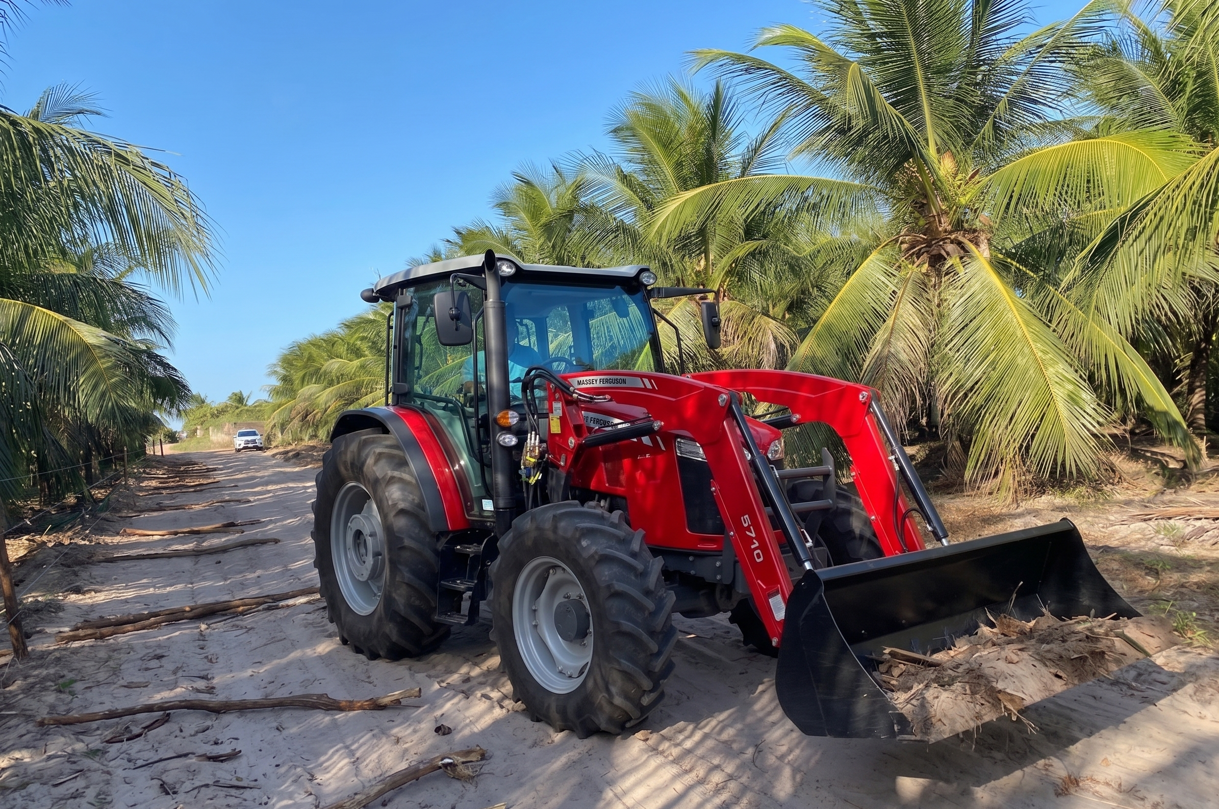 Trator MF5710 em acesso rural com coqueirais — Samurai Empreendimentos Trairi/CE